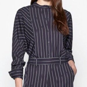 Equipment Saacha Mix Stripe Band Collar Blouse In Deep Well/plein Air, Small